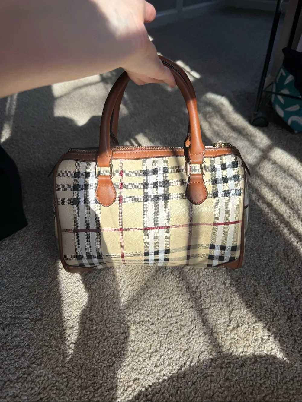 Classic Plaid Top-Handle Satchel in Beige and Brown